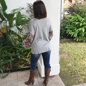 Woven Waffle Bishop Bubble Floral Contrast Long Sleeve Top Gray S/M/L