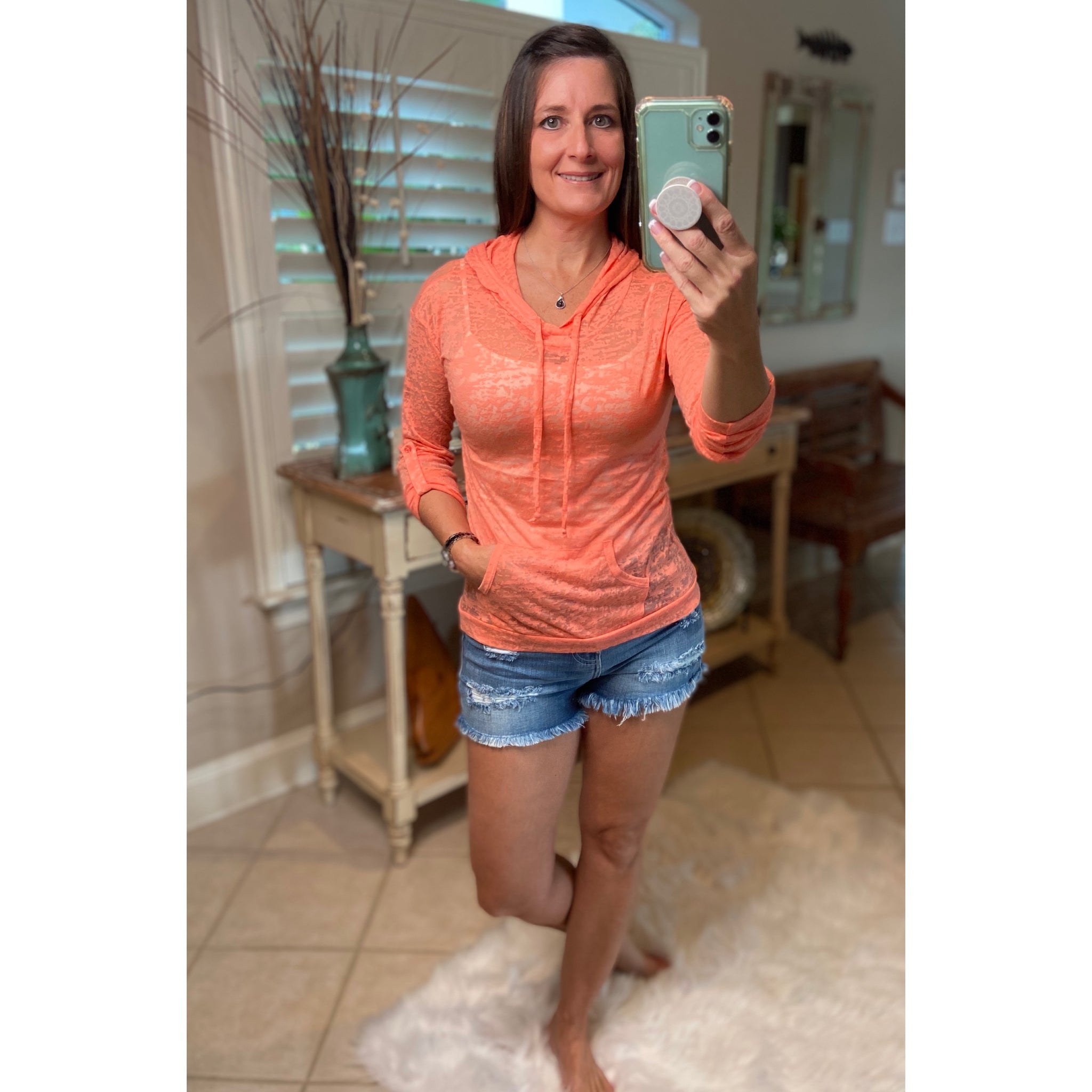 Sexy Sheer Burnout Drawstring Hoodie Tissue High Neck Top Shirt Peach