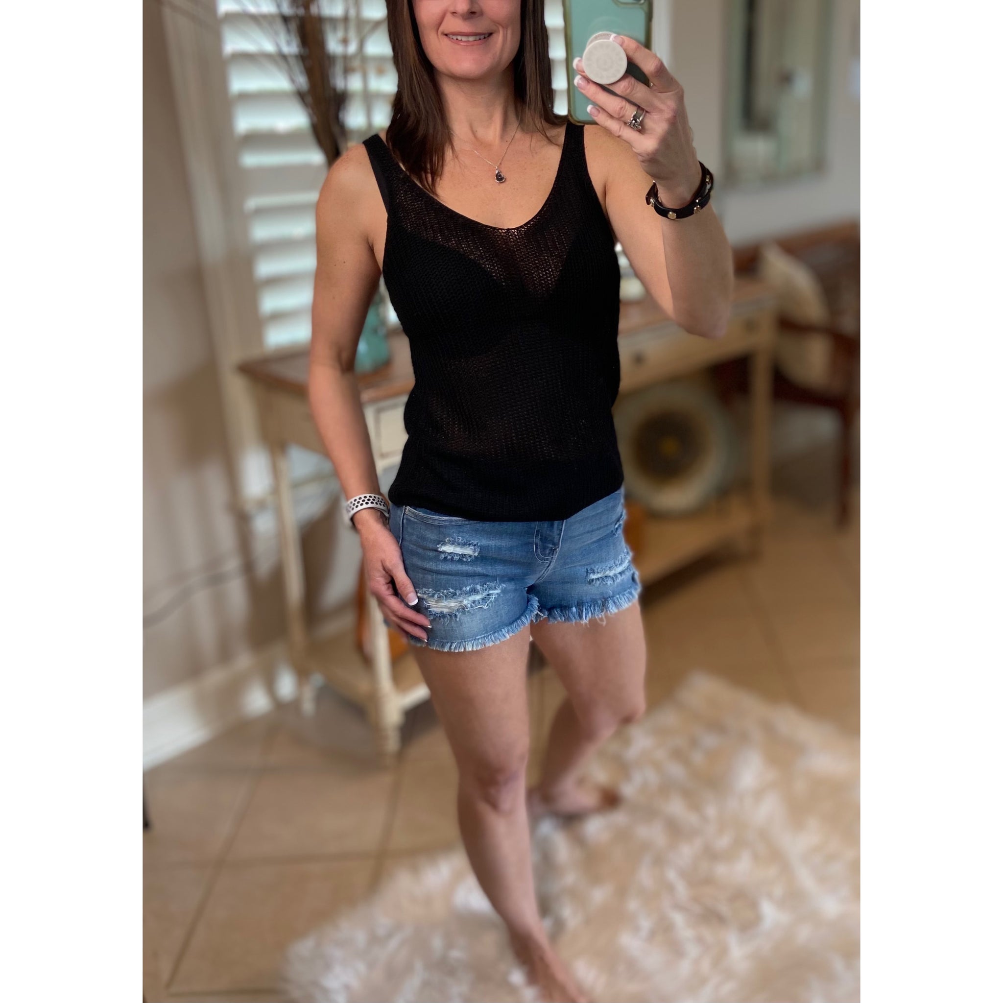 “Spring Fling” Sexy Low Double V Neck Back Sleeveless Dressy Knit Sweater Tank Black