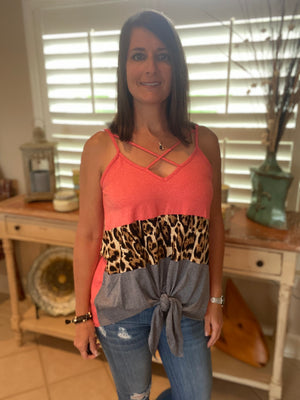 Sexy V-Neck Floaty Self Tie Animal Print Color Block Summer Tank Coral