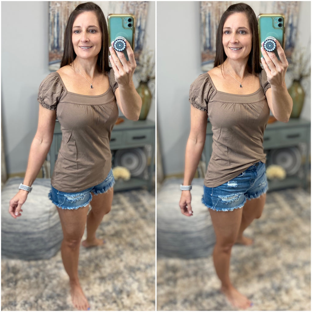 Square Neck Baby Floaty Short Puff Sleeve Basic Tee Shirt Brown