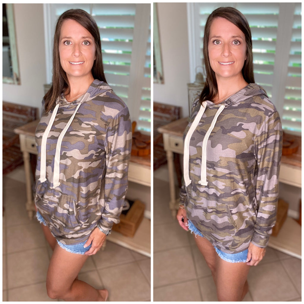 “Perfect Hideout Hoodie” Camouflage Kangaroo Pocket Drawstring Hoodie Banded Bottom Gray Blue