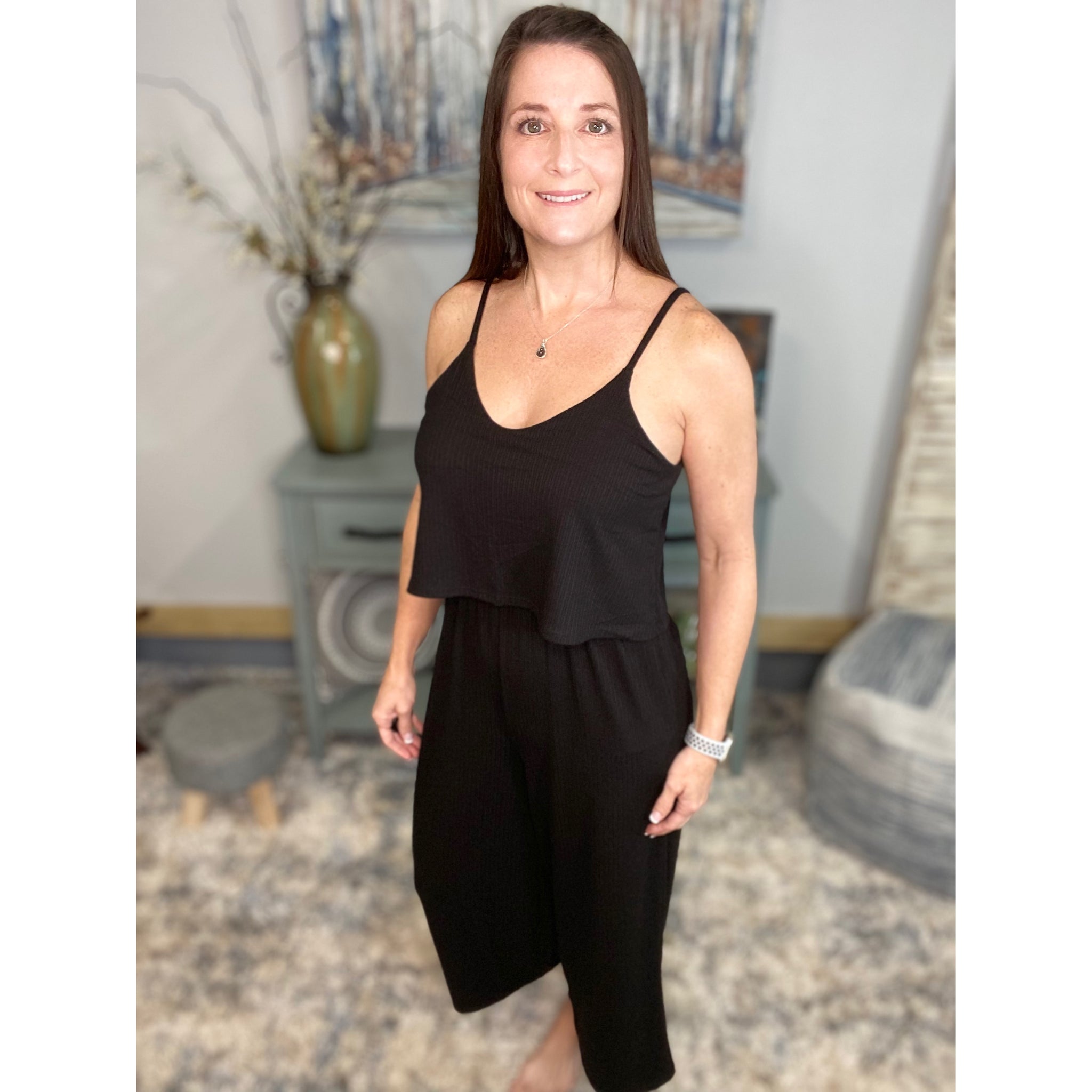 “Endless Summer” Ribbed V-Neck Sleeveless Spaghetti Strap Dressy Jumpsuit Black
