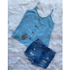 “Simply Perfect” V-Neck Button Up Floaty Spaghetti Strap Summer Tank Top Blue S/M/L/XL
