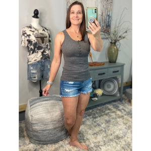 “Let The Sun Shine” Ribbed Henley Low Cut Boy Beater Cleavage Fitted Tank Top Gray