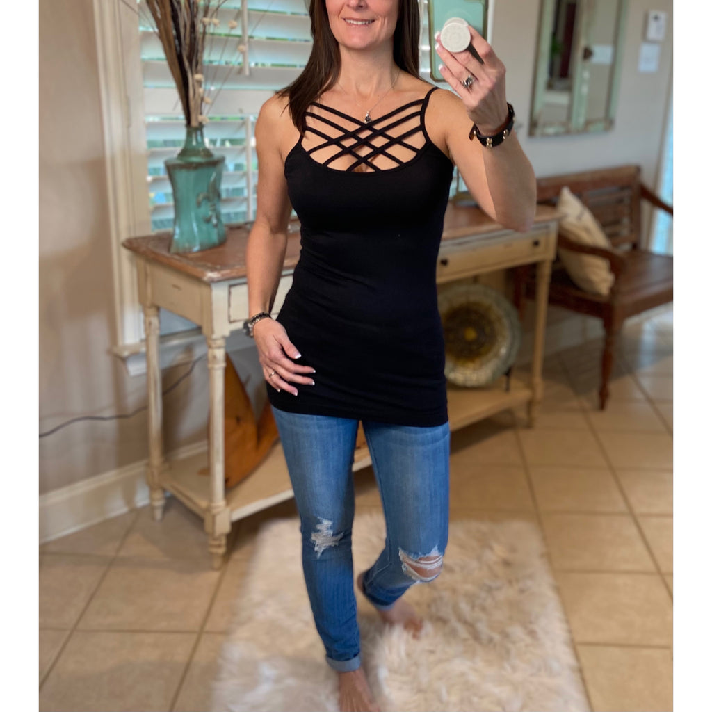 “Shake Me Down” Sexy Caged Triple Criss Cross Yoga Sport Stretch Cami Tank Black