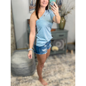 "We Are Strong" Sexy Top Womens Blue One Shoulder Short Sleeve Relaxed Cotton Beach