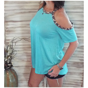 Very Sexy Leopard Trim Cold Shoulder Cutout Dolman Drape Top Mint S/M/L