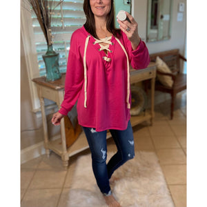 “All The Rage” V Neck Lace Up Eyelet Tie Caged French Terry Deep V-Neck Long Sleeve Pink