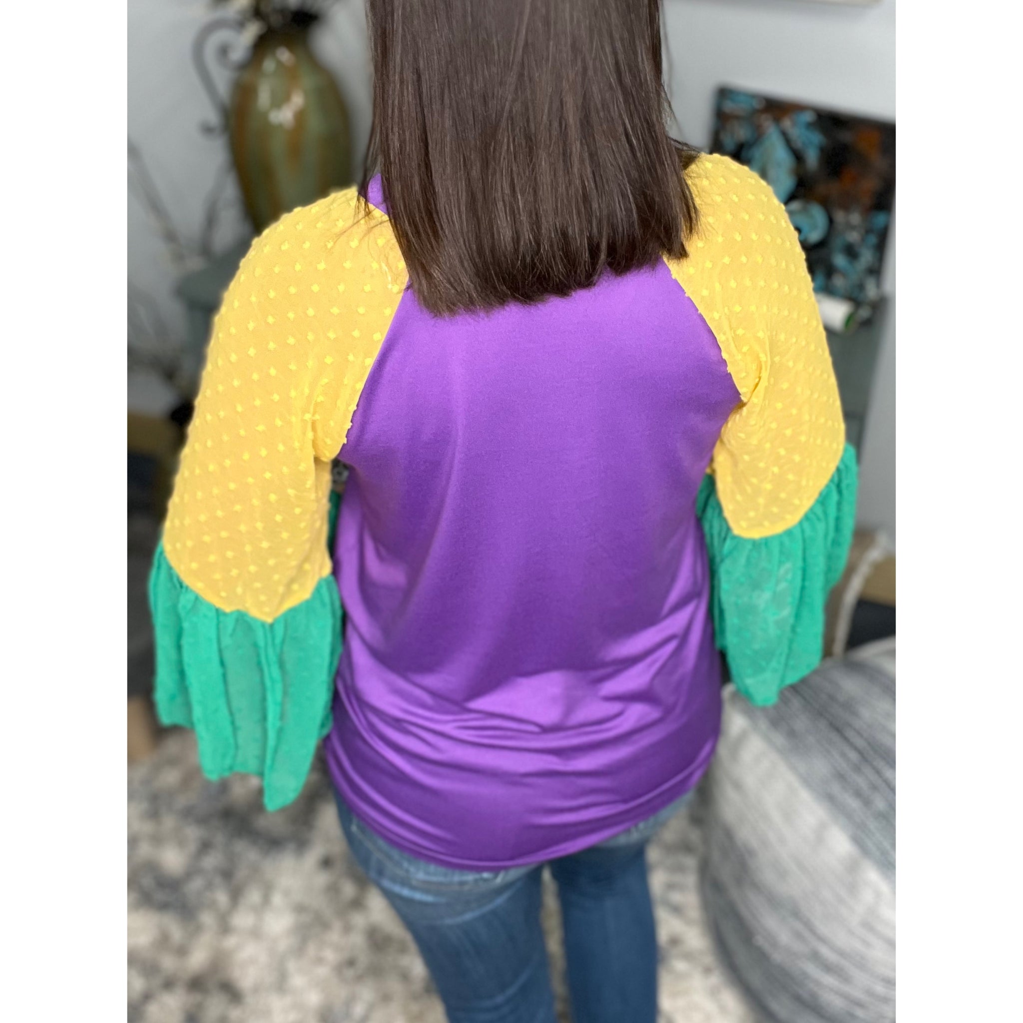 "Beads or Bust" Mardi Gras Color Block Swiss Dot Flutter Bell Sleeves V Neck Tie Bottom Shirt Purple Green & Gold