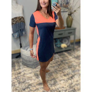 "You're The One" Scoop Neck Color Block Mini Summer Tee Shirt Dress Navy Orange S/M/L