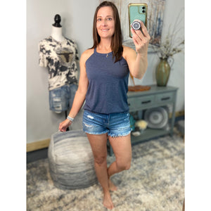 Tri Rocker Racerback Scoop Neck Floaty Trendy Tank Top Navy Blue S/M/L/XL