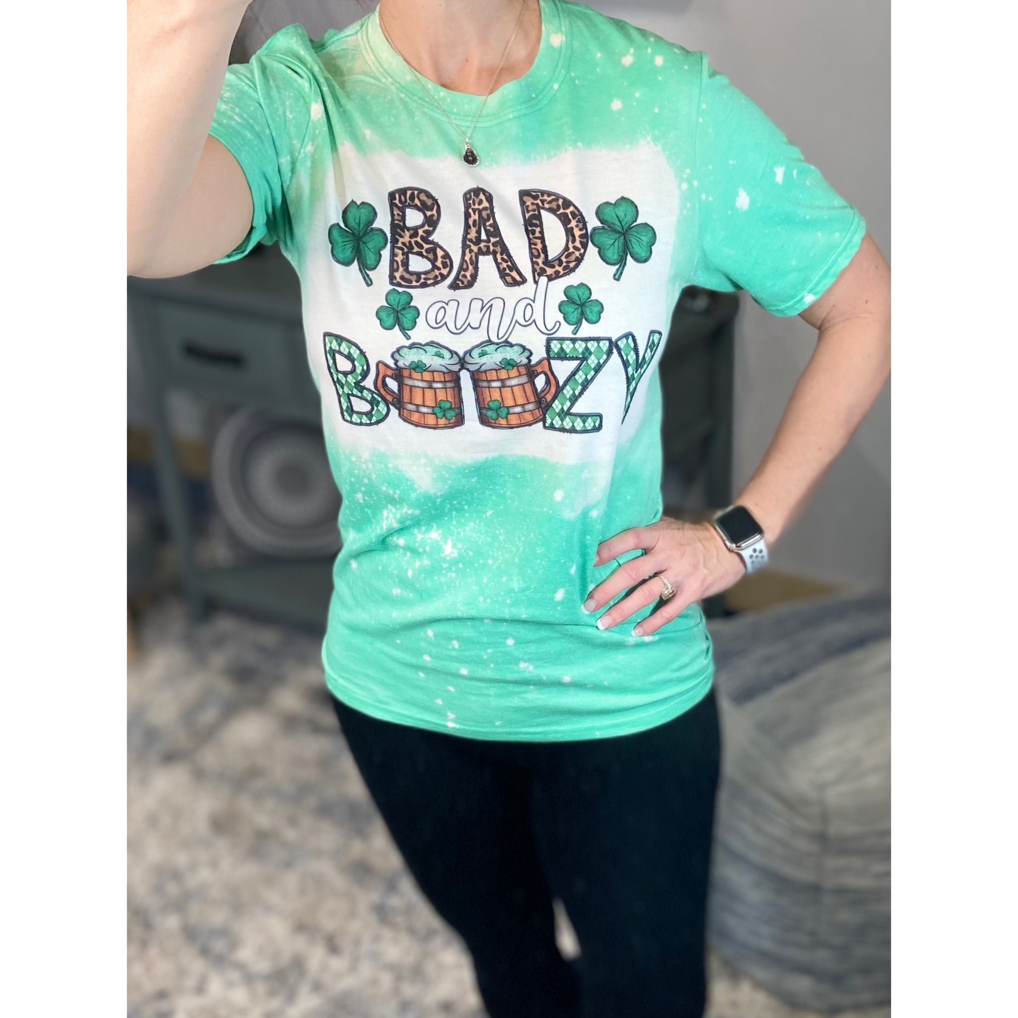 “Bad and Boozy” St. Patrick’s Day Bleached Sublimation Boyfriend Basic Tee Shirt Green S/M/L/XL/2X