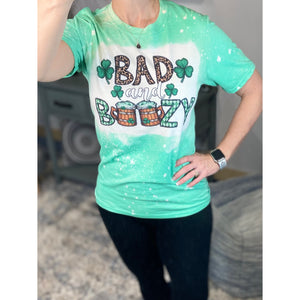 “Bad and Boozy” St. Patrick’s Day Bleached Sublimation Boyfriend Basic Tee Shirt Green S/M/L/XL/2X