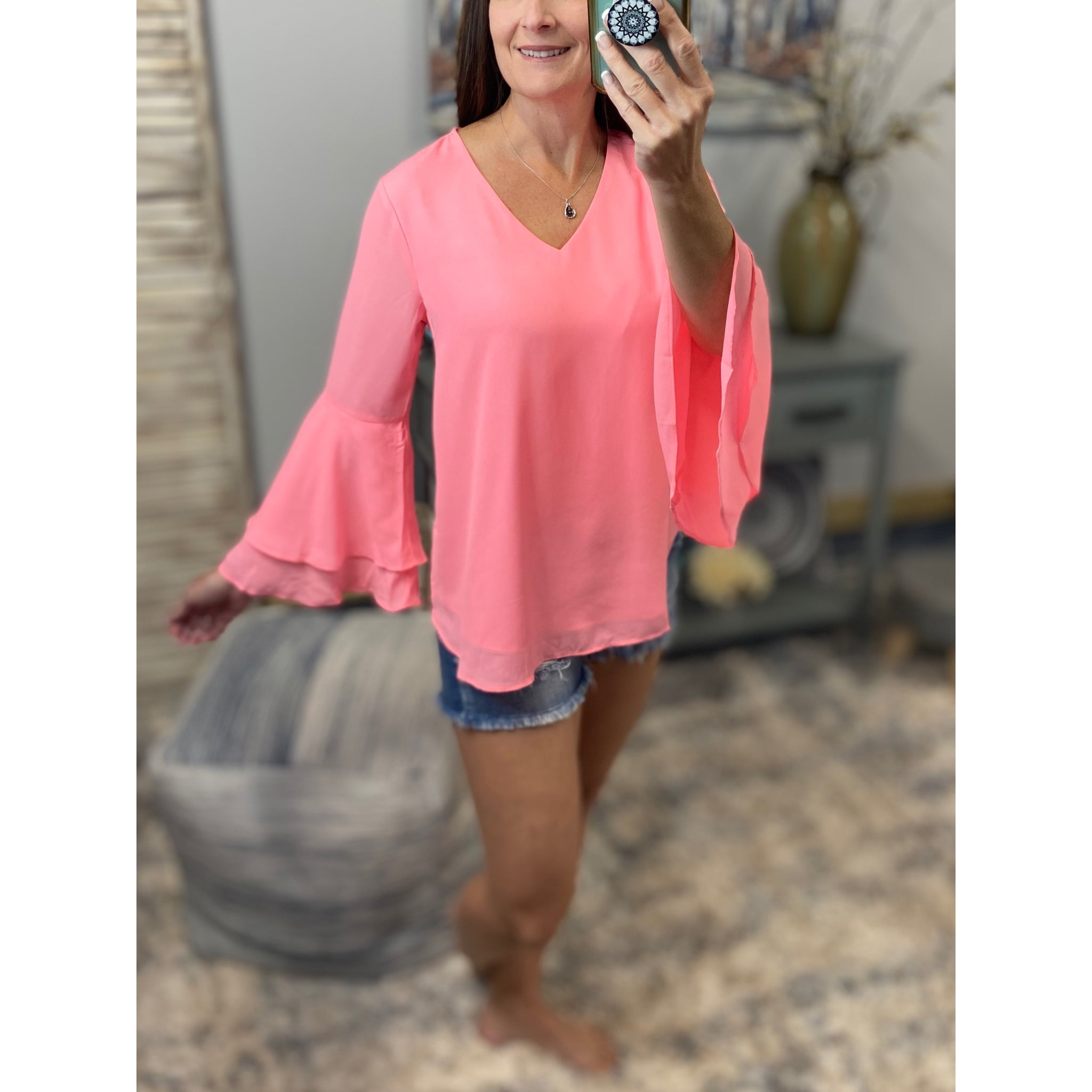 "Full of Surprises” V-Neck Flared Bell Layered Sleeve Dressy Top Neon Pink S/M/L/XL