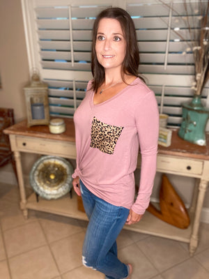 V Neck Soft Jersey Knit Floaty Animal Print Leopard Pocket Long Sleeve Pink