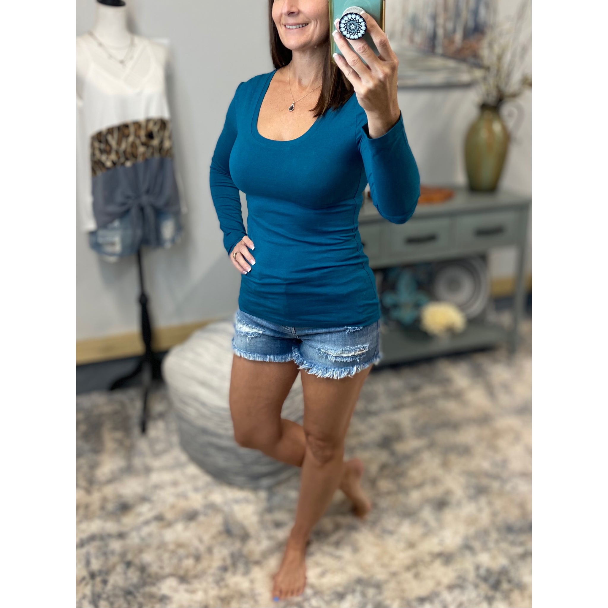 “Easygoing” Slimming Scoop Neck Low Cut L/S Tissue Basic Baby Shirt Teal 1X/2X/3X