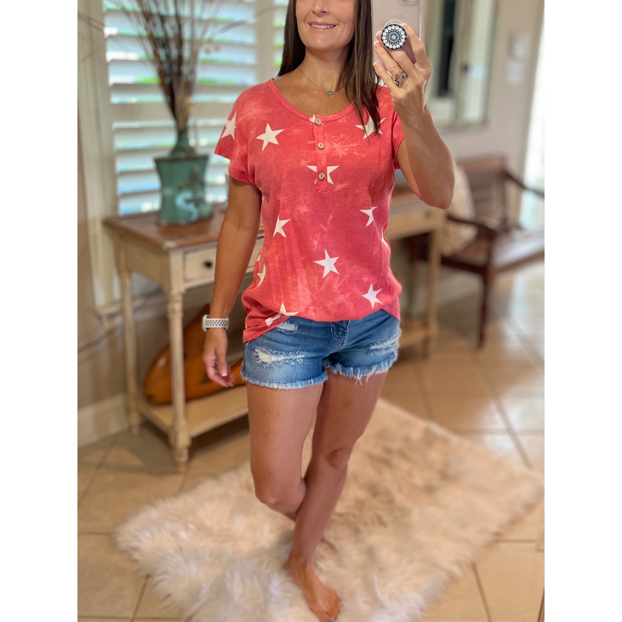 "Don't Stop Believing" Star Print 4th of July America Floaty Henley Self Tie Red S/M/L