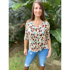 “Too Good To Be True” Leopard Print V Neck Quarter Sleeve Round Bottom Floaty Taupe Pink