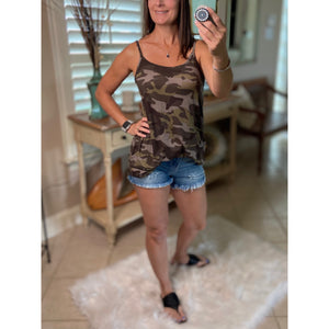 “Heat Wave” Reversible Camouflage Low Scoop Or V Neck Spaghetti Strap Tank Top Green