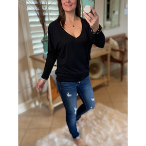 Dolman Open Neck Batwing Blouse Shirred Long Sleeve Top Shirt Black S/M/L