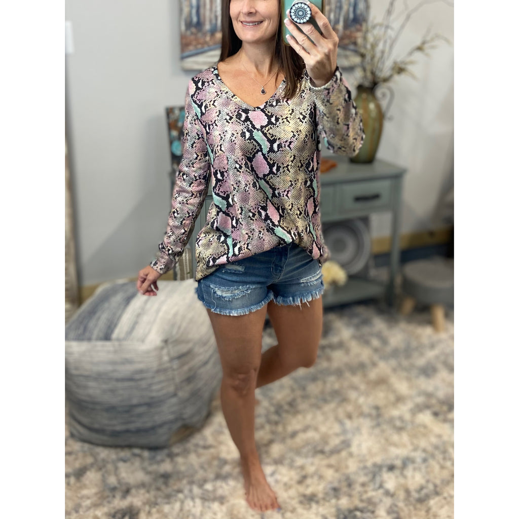 “Night Out With the Girls” Snakeskin Print Deep V Neck Long Sleeve Pink Multi