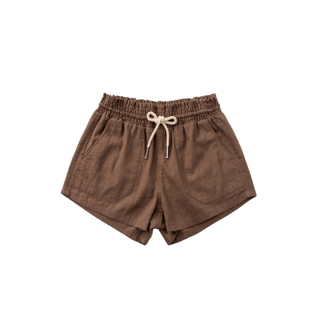Basic Linen Pocket Drawstring Elastic Waist Dressy Shorts Bottoms Mocha S/M/L