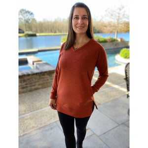 “Falling In Love” Oversized Pocket Sweater V Neck Split Side Banded Bottom Rust