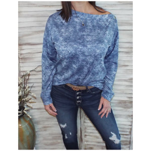 "That's a Wrap" Multi Tie Dye Snap Detail Thermal Wide Neck Off Shoulder Banded Blue Top S/M/L