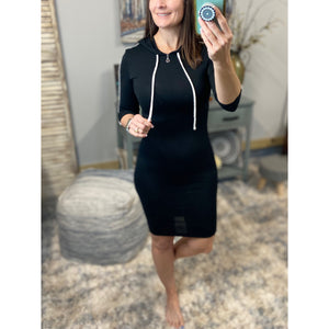 Sporty Athletic Hoodie Contrast Bodycon Stretch 3/4 Dress Black White S/M/L