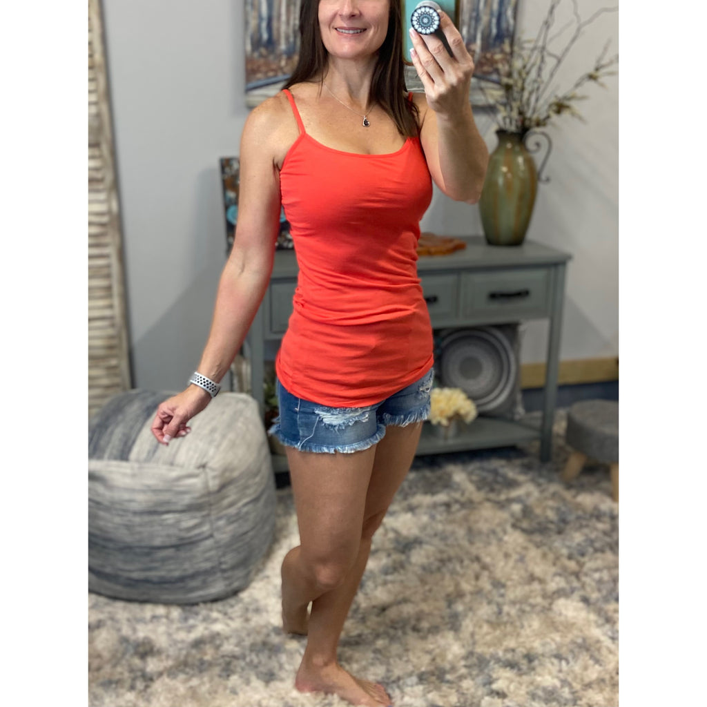 Low Cut Shelf Bra Cleavage Adjustable Strap Cami Tunic Tank Dk Coral S/M/L