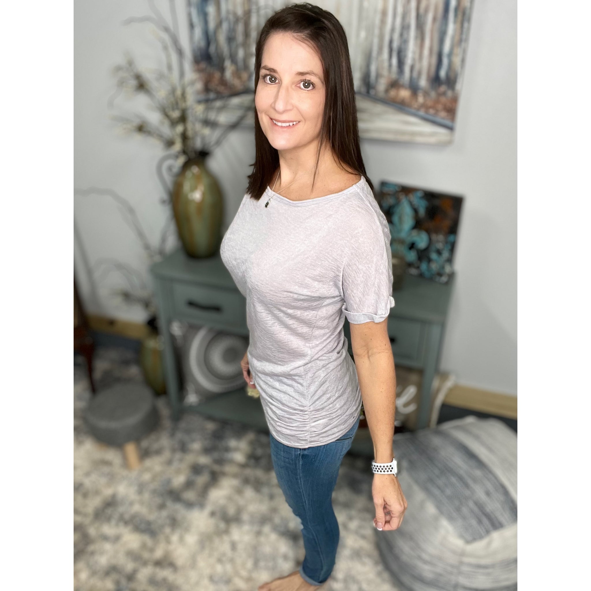 "Clouds Roll In" Wide Boat Neck Dolman Gauze Rolled Sleeve Ruched Sides Tunic Top Light Gray
