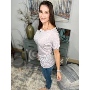 "Clouds Roll In" Wide Boat Neck Dolman Gauze Rolled Sleeve Ruched Sides Tunic Top Light Gray