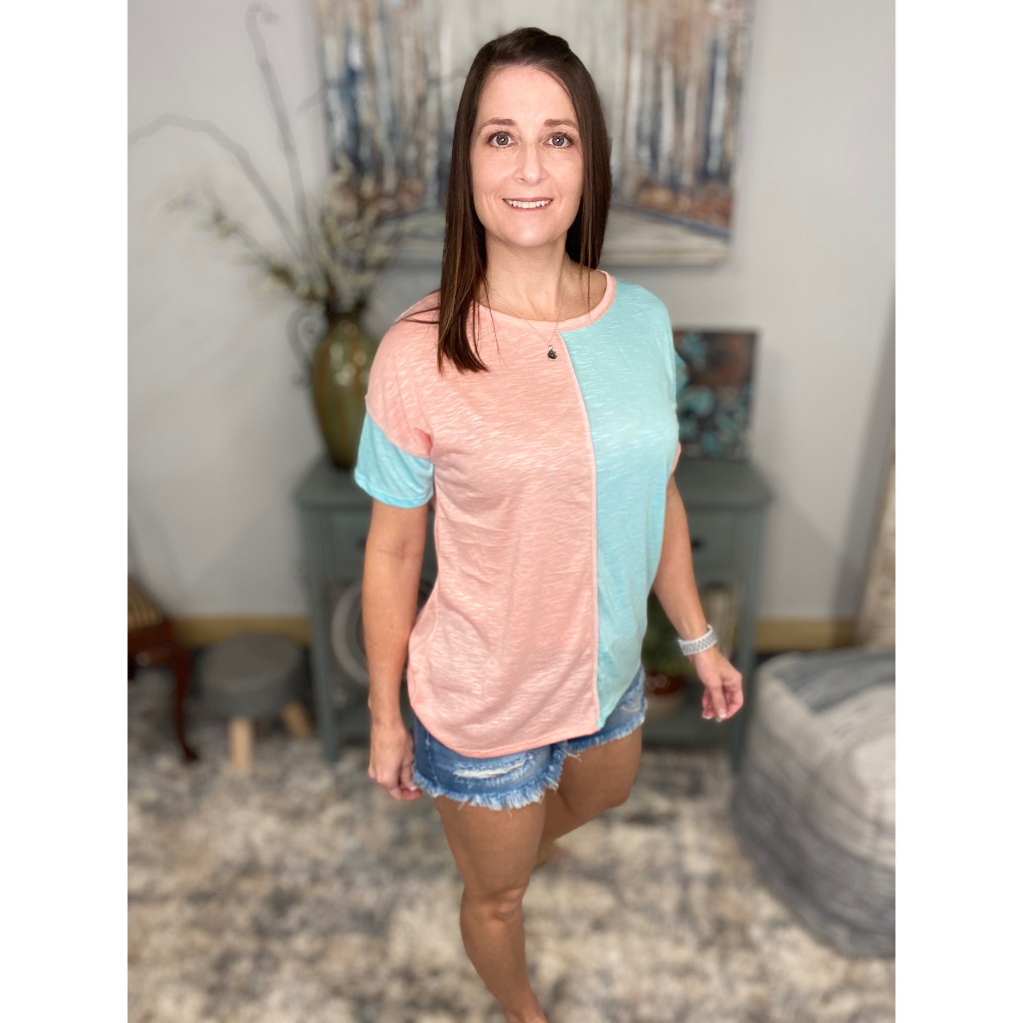 “Give It Up” Color Block Contrast Melange Round Neck Shirt Pink Mint S/M/L/XL