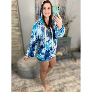 “Free Bird” Tie Dye Crew Neck Waffle Drawstring Light Long Sleeve Hoodie Blue