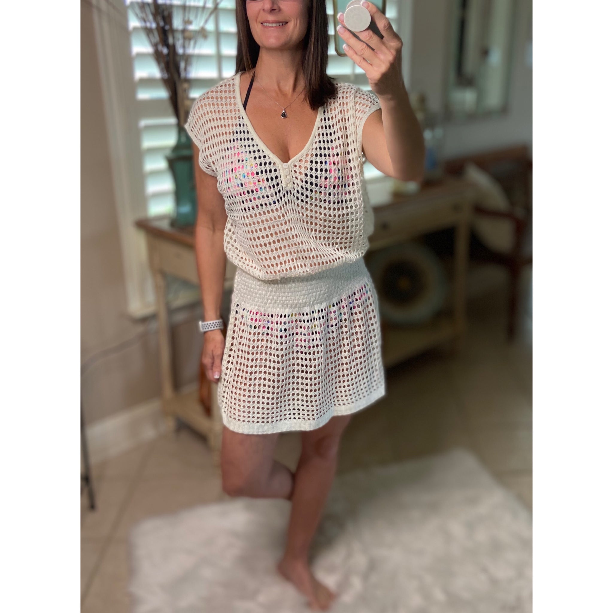 “Ocean Eyes” Crochet Mesh V Neck Mini Beach Swimsuit Cover Up Beach Pool White One Size