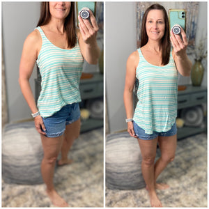 "Level Up" Ribbed Striped Scoop Neck Sleeveless Summer Beach Floaty Tank Top Tunic Mint Green