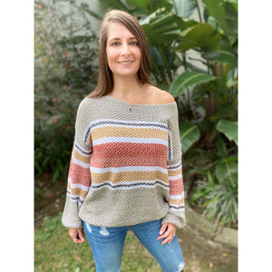 “My Happy Place” Lightweight Ribbed Knit Sweater Striped Off Shoulder Long Sleeve