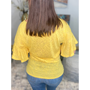 "Charmed Life" Boat Neck Short Ruffle Bell Dolman Sleeve Top Yellow