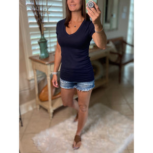“Basic Babe” Low Cut V-Neck Cleavage Baby Slimming Basic Tee Shirt Top Navy S/M/L/X