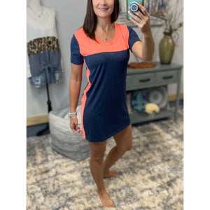 "You're The One" Scoop Neck Color Block Mini Summer Tee Shirt Dress Navy Orange S/M/L