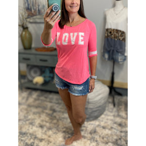 “Love On The Run” LOVE Sporty Football Sporty Floaty Scoop Tee Shirt Neon Pink S/M/L