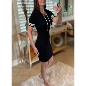 Sporty Athletic Hoodie Bodycon Contrast Stripe Sleeve Stretch Dress Black S/M/L