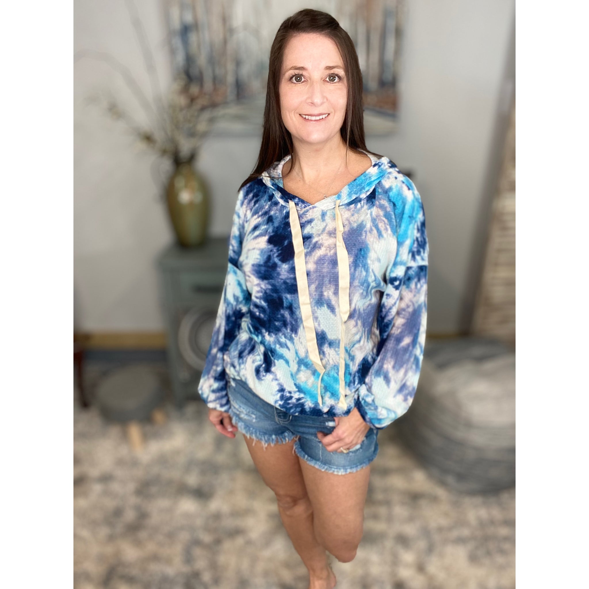 “Free Bird” Tie Dye Crew Neck Waffle Drawstring Light Long Sleeve Hoodie Blue