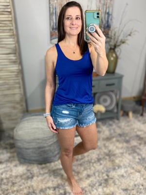 Sexy Scoop Neck Racerback Floaty Sleeveless Raw Edge Hem Tank Top Blue S/M/L