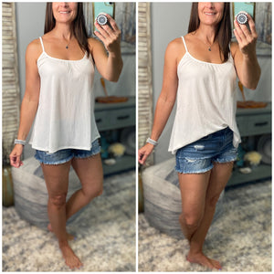 “Go With The Flow" Scoop Neck Spaghetti Strap Floaty Textured Sleeveless Summer Tank Top White