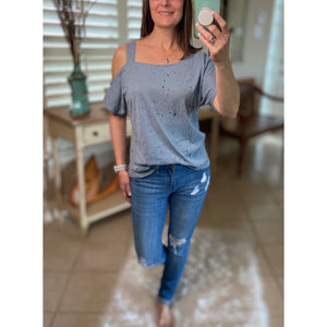 Very Sexy Distressed One Cold Shoulder Cutout Top Blue S/M/L