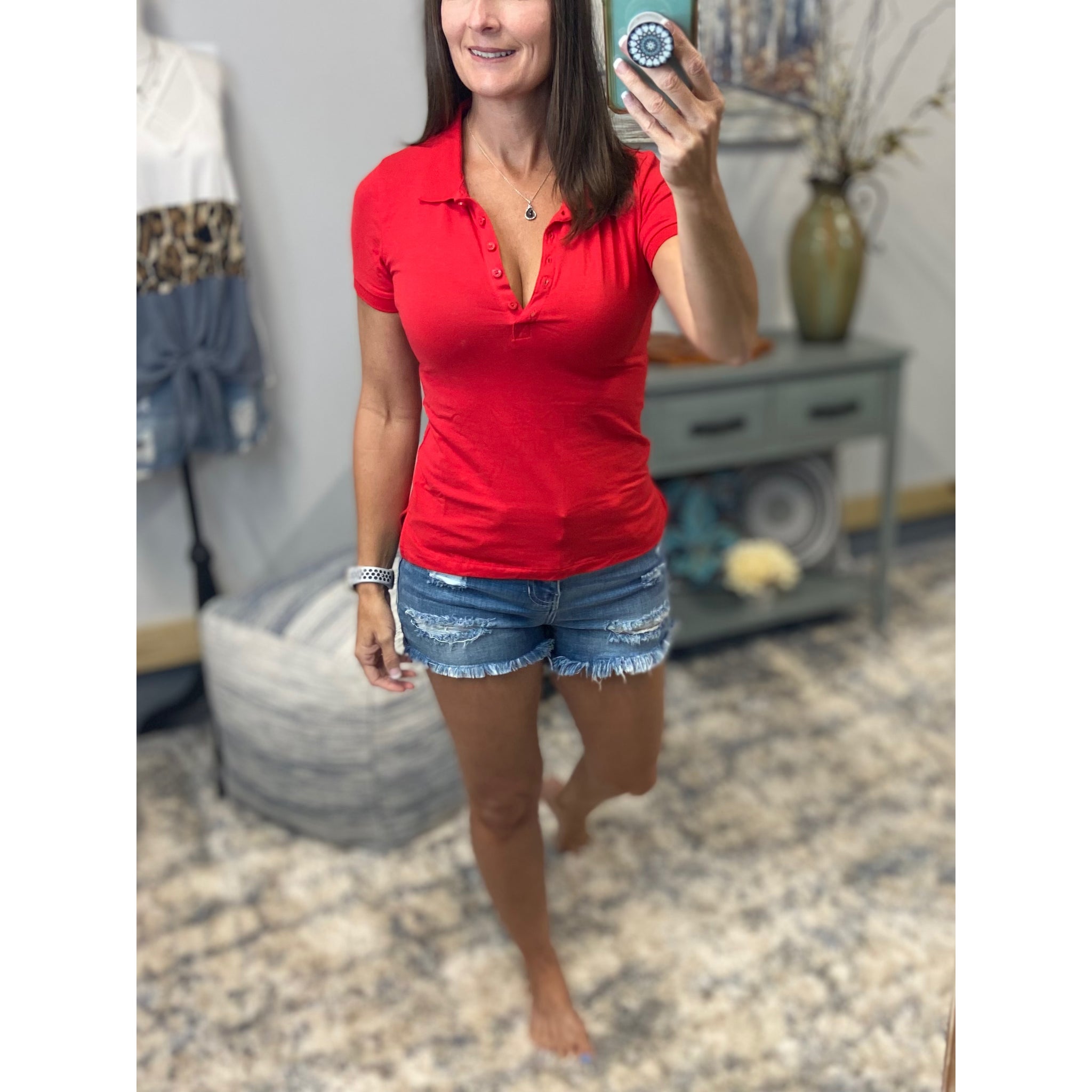 Basic Polo Low Cut Henley Collar Slim Fitted Preppy Stretch Top Red S/M/L
