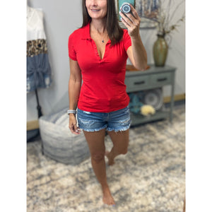 Basic Polo Low Cut Henley Collar Slim Fitted Preppy Stretch Top Red S/M/L
