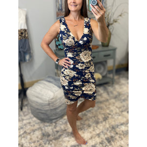 “Take Me Away” Bodycon Dress Country Floral Faux Wrap Ruched Deep V Neck Tank Summer Navy Blue